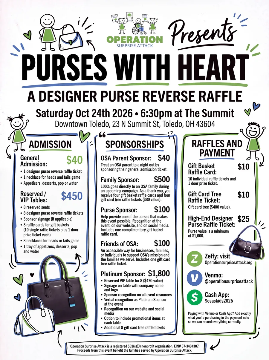 Purses with Heart flyer with admission, sponsorship, raffle and payment details