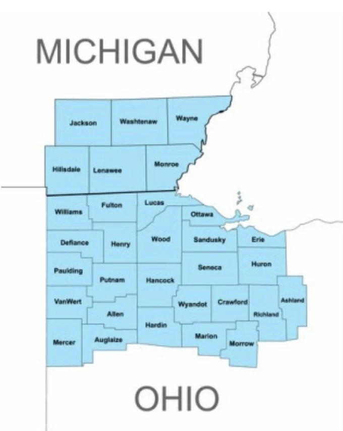 Map of the Northwest Ohio and Southeast Michigan counties Operation Surprise Attack serves