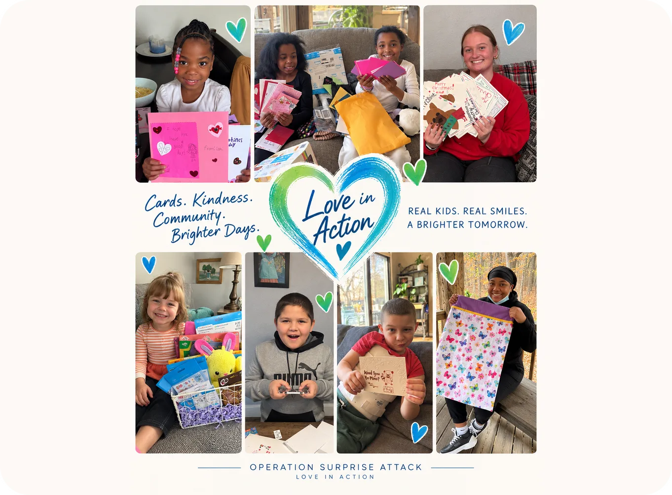 A Love in Action photo collage of children holding the cards and gifts from their Surprise Attacks